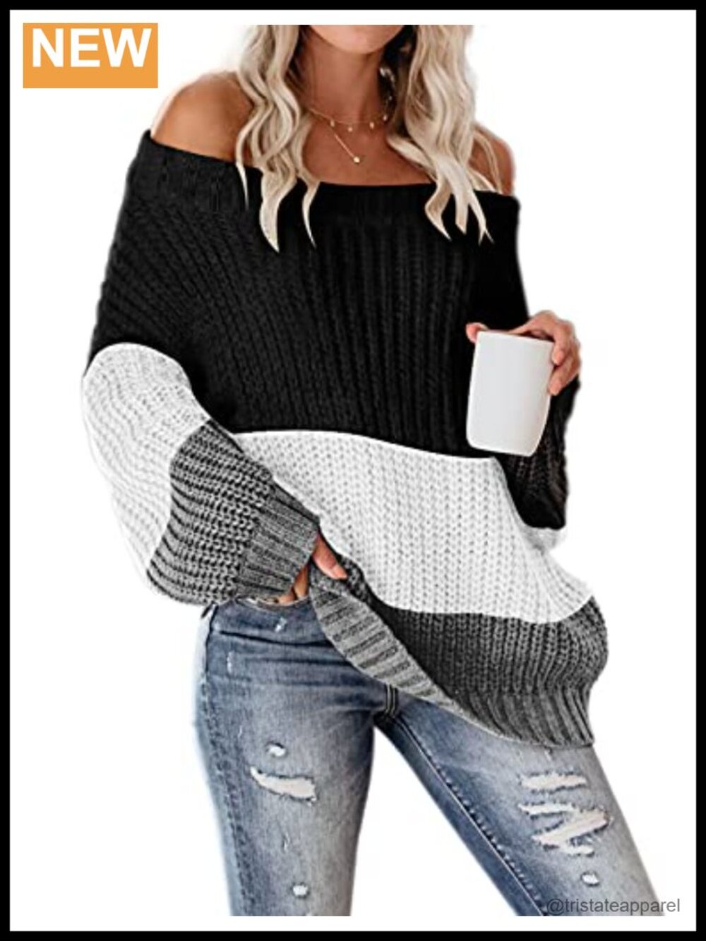 Off Shoulder Color Block Oversized Chunky Knit Pullover Sweater